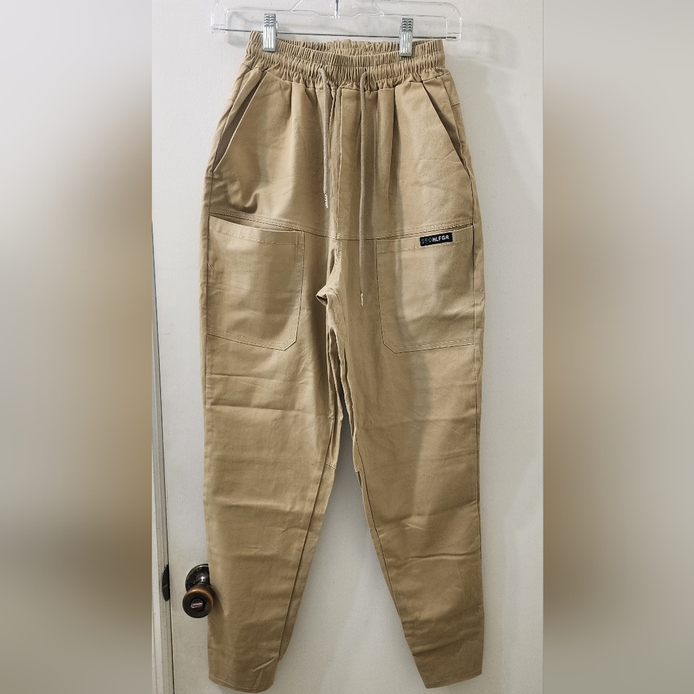 Tan Cotton‎ Joggers with Elastic Waistband